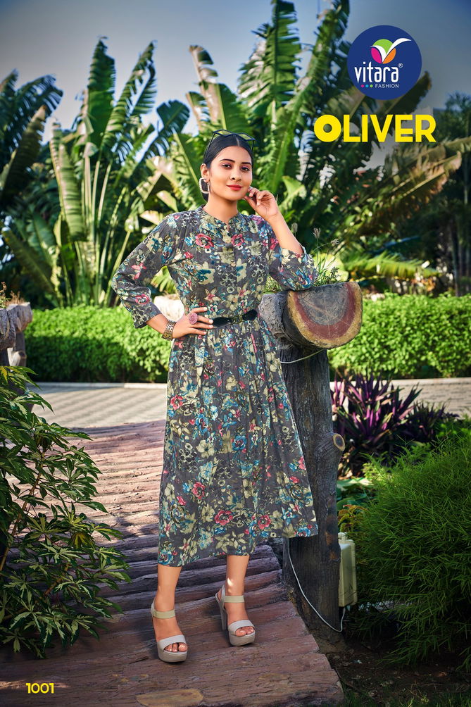 Vitara Oliver Rayon Rinkle Printed Party Wear Kurti Catalog
